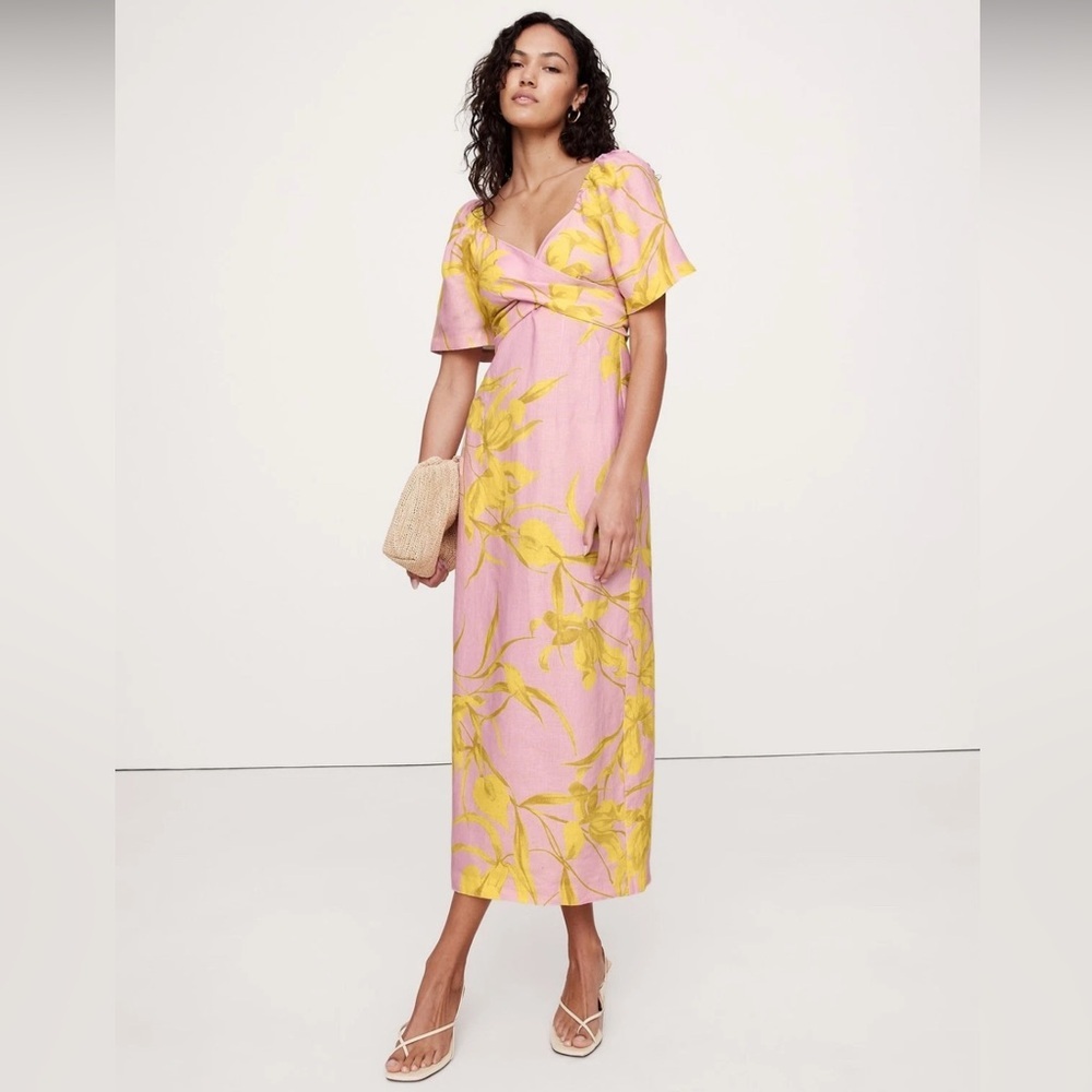 NEW! Banana Republic Pink/Yellow Floral Linen Sweetheart Maxi Dress - Size 8🍉